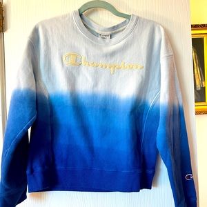 Champion Reverse Weave Blue Dip Dye Script Ombre Crewneck Pullover Sweatshirt S